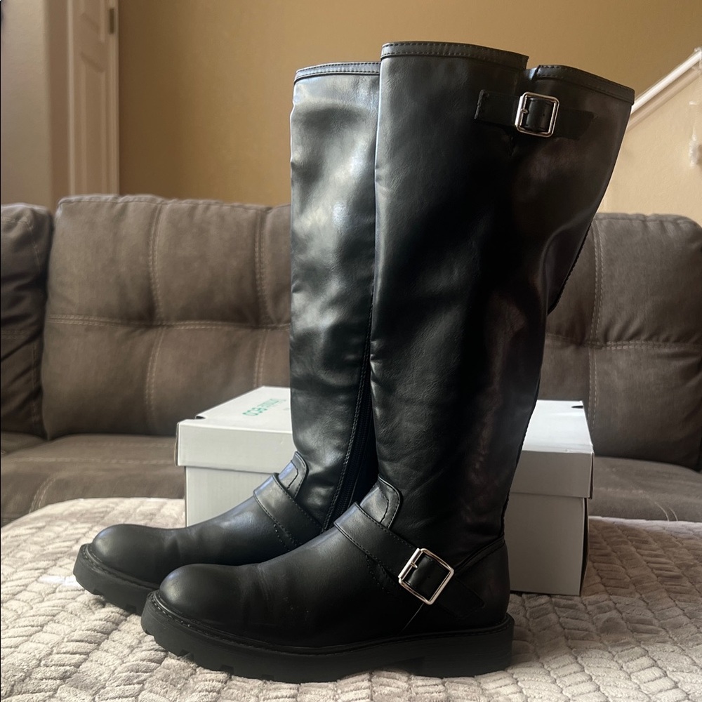 Madden Girl Black Knee-High Leather Boots with Buckles